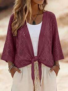 SHEIN Holidaya Women's Summer Solid Color 3/4 Sleeve Hollow Waist Knot Knit Cardigan - Red Violet - View 8