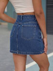 SHEIN Unity 女款高腰口袋休閒通勤牛仔裙 - 深色水洗藍 - 查看 2