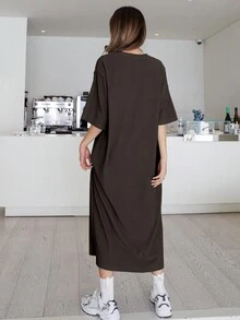 DAZY Spring Summer Autumn Round Neck Short Sleeve Loose Solid Color Dark Coffee Straight Casual Drop Shoulder Women's Mid-Length Dress - Dark Grey - View 2