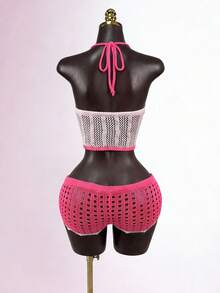 SaltGleam SaltGleam Ensemble 2 pièces sexy sexy tricot ajouré avec top camisole floral 3D et pantalon - Rose bonbon - Voir 2
