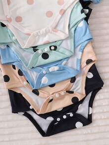 (Random 5pcs 2) Set de pantalon lung cu piciorușe și body cu mânecă scurtă pentru nou-născuți, minimalist elegant, cu buline, în culorile hașma, bej, caisă, verde fasole, gri și albastru - Multicolor - Vizualizare 7
