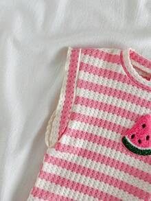 SHEIN Vintaside Kids 2件組女嬰幼童0-3歲春夏休閒日常度假套裝，粉杏色多彩條紋紋理圓領荷葉袖T恤與短褲，可愛島嶼海灘度假風 - 粉色 - 查看 6