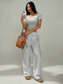 SHEIN Tall CURVE Pantalon long ample et polyvalent à jambes larges avec taille à cordon de serrage et rayures pour femmes grandes tailles - Bleu marine - Voir 9