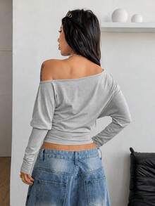 Coolane Women's Autumn Minimalist Y2K Basic Daily Wear Casual Vintage Streetwear Stretchy Light Grey Loose Asymmetrical Neck Long Sleeve Ruched Crop Tees Top - Light Grey - View 8