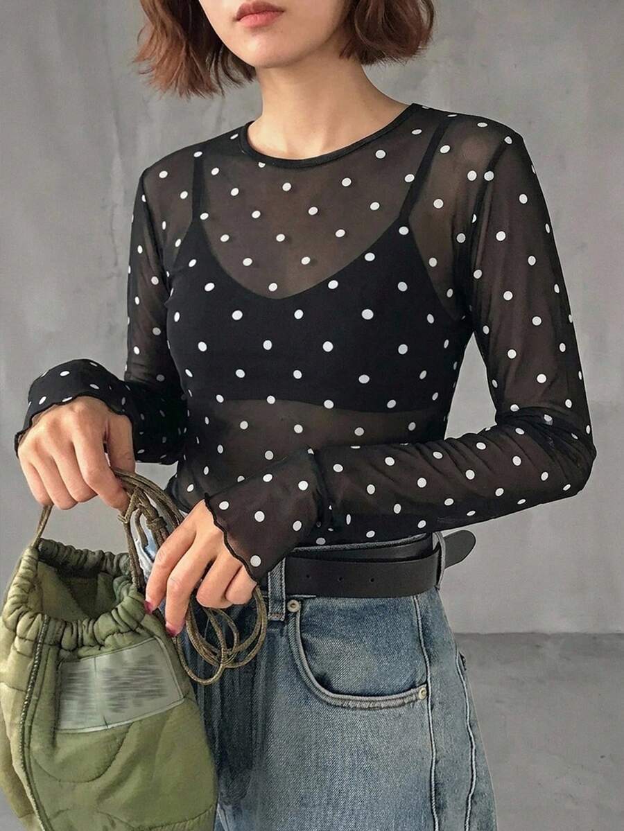 FRIFUL 女款波點透視網紗上衣 夏季 - 黑色 - 查看 1