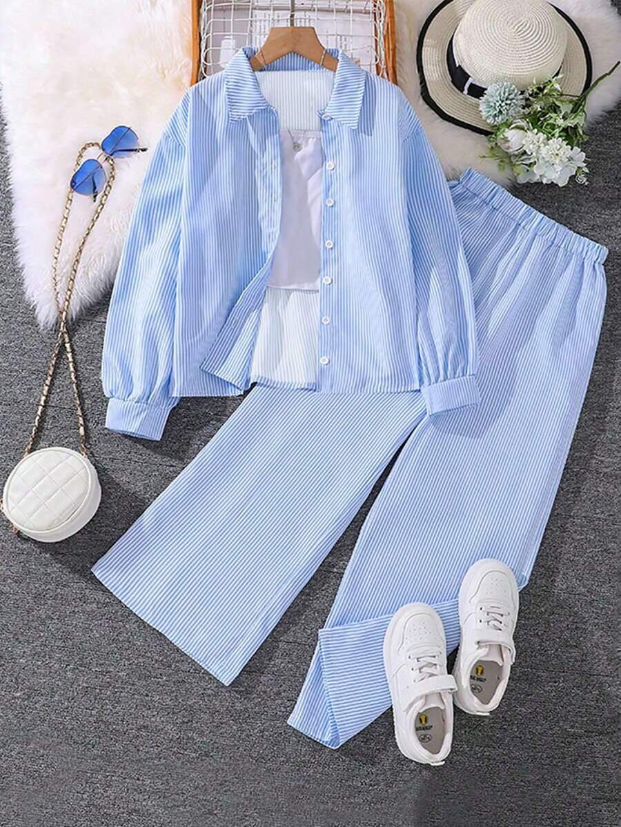 INAWLY Casual Commute Loose Open Front Striped Shirt & Elastic Waist Straight Leg Pants 2 Pieces Set - Blue - View 1