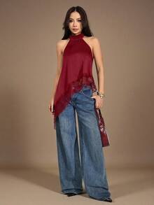 SHEIN PETITE 女款蕾絲飾邊掛脖休閒百搭日常外出上衣 - 紅色 - 查看 3