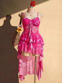 SHEIN ICON Plus Size Black V-Neck Ruffle Trim Front Short Back Long Cami Dress, Y2K Sexy Ruffle Cami Dress - Hot Pink - View 6