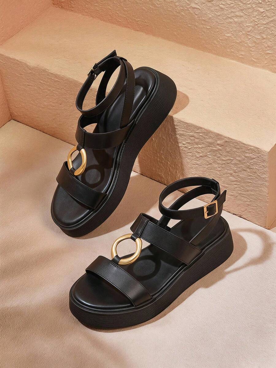 HighSole 女士时尚百搭黑色扣带厚底夏季凉鞋 - 黑色 - 查看 1