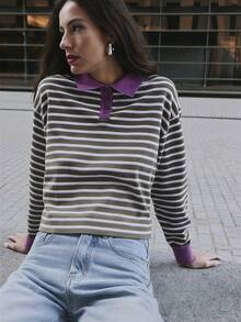 Nöista Striped Polo Knit Shirt In Olive, Mauve And Cream Tones Featuring Contrast Collar And Cuffs. Comfortable Everyday Essential For Fall Winter - Army Green - View 1