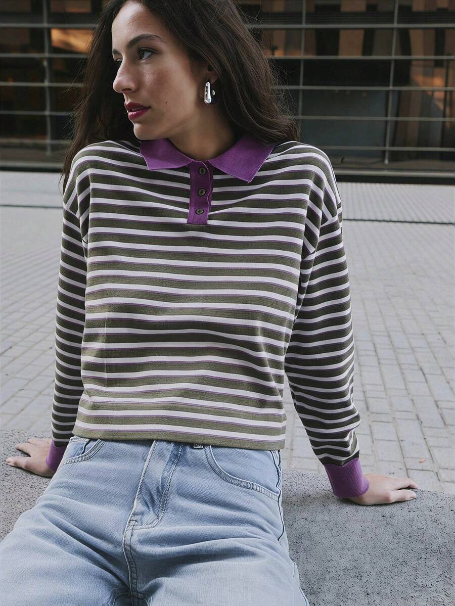 Nöista Striped Polo Knit Shirt In Olive, Mauve And Cream Tones Featuring Contrast Collar And Cuffs. Comfortable Everyday Essential For Fall Winter - Army Green - View 1