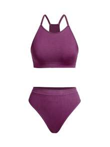 Ocili 2pcs/Set Seamless Comfortable Minimalist Bra And Thong Panty Set For Women - Purple - View 7