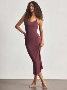 Ocili Comfortable Soft Minimalist Fitted Bamboo Knit Slip Dress, Women Loungewear - Burgundy - View 7