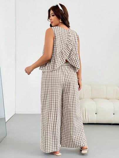 Shapeblank Bộ đồ 2 món nữ size lớn áo sát nách gấu bèo kẻ caro và quần dài phong cách thường ngày