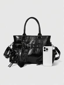 ROMWE Grunge Punk 美式復古辣妹油蠟皮托包，新款Y2K機能風大容量女款單肩可攜式斜背包 - 黑色 - 查看 3