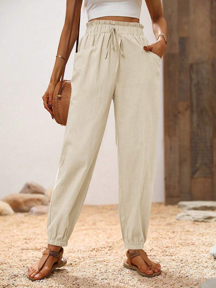 Breezaya Vacation Casual Versatile Solid Color Cuffed Long Pants - Apricot - View 1
