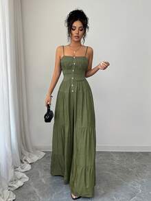 Elenzga Jumpsuit Wanita Warna Polos, Berlipit, Bahan Denim Imitasi, Kancing, Tanpa Lengan, dengan Hem Berumbai - Hijau Tentara - View 4
