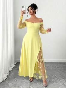 Elenzga Women's Fashion Elegant Romantic Off-Shoulder Shawl Heavy Mesh 3D Embroidered Slit Knit Dress - Yellow - View 1