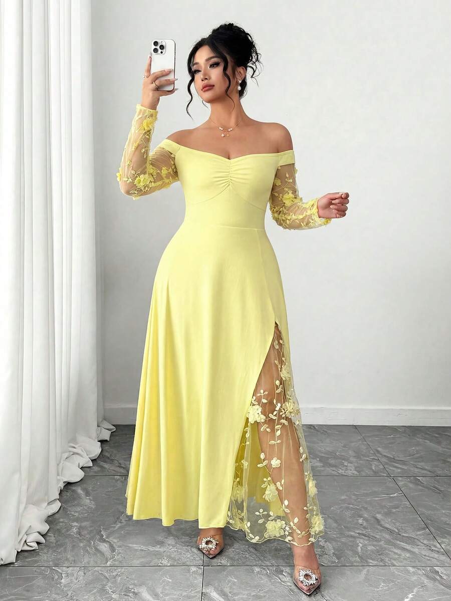 Elenzga Women's Fashion Elegant Romantic Off-Shoulder Shawl Heavy Mesh 3D Embroidered Slit Knit Dress - Yellow - View 1