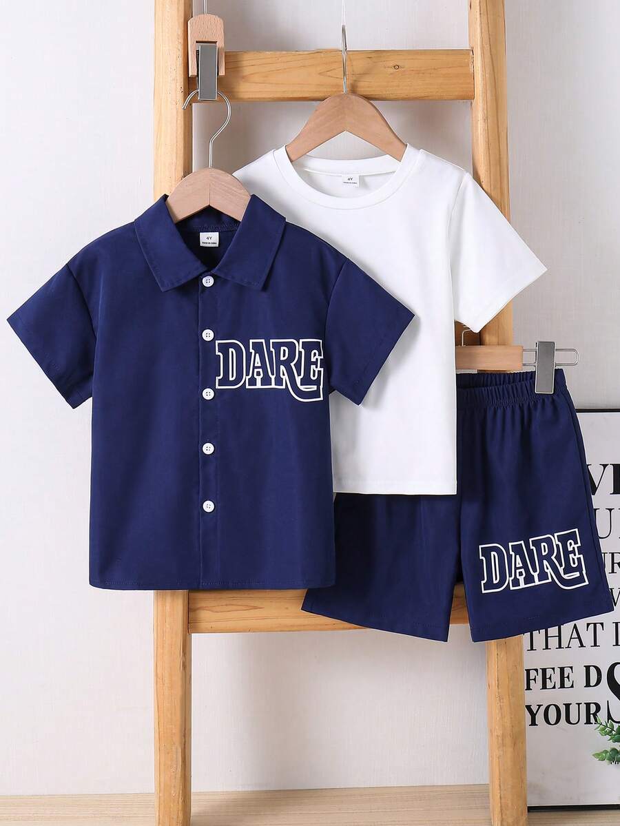 SHEIN 小男孩字母印花單排扣短袖襯衫與短褲休閒日常套裝,白色夏季花童裝 - 藏蓝色 - 查看 1