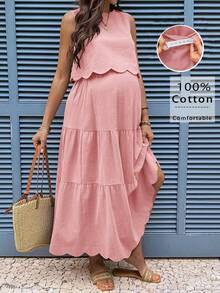 Boho Mama Maternity Vacation Casual Solid Color Tank Top & Skirt 2 Pieces Set - Dusty Pink - View 3
