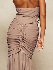MISSGUIDED X Carli Bybel Halter Neck Ruched Maxi Dress With Extreme Gathered Skirt Detail Open Back Formal Evening Gown - Brown - View 8