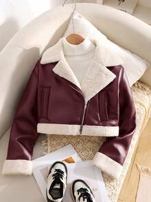 SHEIN Tween Girl Casual Street Chic Motorcycle Collar Metal Zipper Closure PU Lined Fleece Composite Fleece Short Long Sleeve Lapel Patchwork Faux Fur Jacket Coat, Black In Fall/Winter - Burgundy - View 7