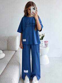 SHEIN 青少年女孩春/夏灰色紫色圓領針織寬鬆字母印花拼接T恤上衣 寬鬆開衩寬腿休閒褲 百搭2件套T恤套裝 - 藍色 - 查看 4