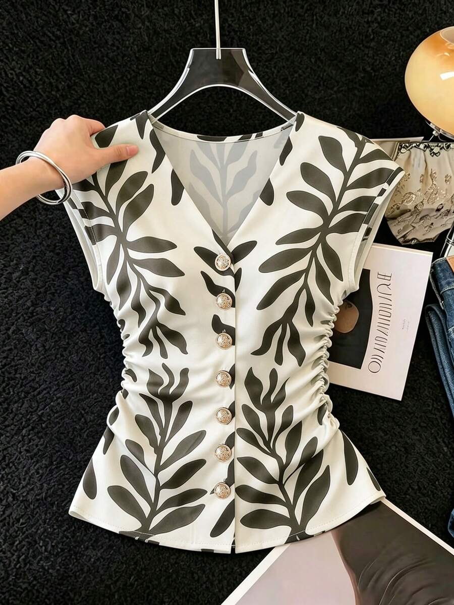 SHEIN Franclia 女款法式優雅浪漫半袖V領鈕扣襯衫,打褶腰部設計,高級緞面面料,優雅休閒襯衫,適合夏季度假,白色與黑色,春夏季新款 - 彩色 - 查看 1
