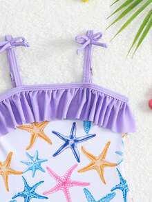 SHEIN 新生女嬰泳裝一件式泳衣 細肩帶蝴蝶結飾邊泳衣 - 淡紫色 - 查看 5