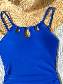 SHEIN Traje de baño de una pieza con falda y fruncido de unicolor para niña preadolescente, adecuado para vacaciones en la playa, fiesta en la piscina, fiesta en la playa - azul real - Ver 4