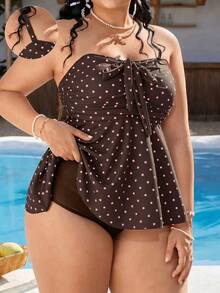 Swim Mod Plus Size Women's Polka Dot Print Tankini Set For Beach Vacation - Multicolor - View 1