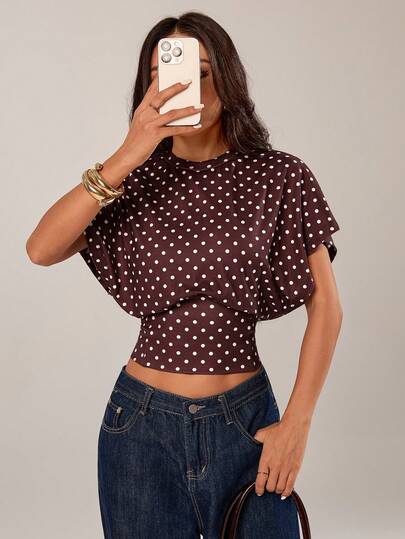 SHEIN PETITE Women's Polka Dot Casual Versatile Daily Outing T-Shirt