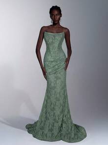 Elitara Elegant Romantic Lace Strapless Mesh Sheer Bodice With Boning, Exquisite Heavy Beading, Ruched Waist, Back Hip Gathering For Butt Lift Effect, Mermaid Style Extra Long Train, Suitable For Date, Red Carpet, Wedding Events And All Formal Occasions, Bridal Wedding Dress Gown - Green - View 6