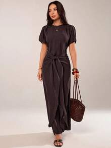 SHEIN PETITE Spring/Summer 2026 Basics Casual Elegant Vacation Cruise Travel Beach Brunch Seaside Commuting Round-Neck, Cap Sleeves, Front Tie-Up Dress, Dark Brown - Brown - View 7