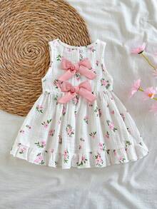 SHEIN Vintaside Kids 女嬰 3個月-3歲洋裝，1件休閒可愛日常風格秋季女童套裝，棕色蝴蝶結裝飾無袖澎澎洋裝 - 粉色 - 查看 4