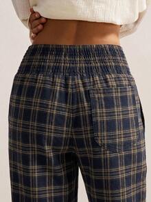 Bohemela Autumn Vacation Outfits, Women's Casual Vintage Woven Plaid Print Women's Long Pants, Daily Picnic Wear, Country Concert Outfit Navy - Multicolor - View 7