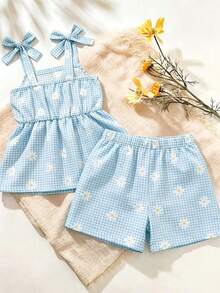 SHEIN 2件組女嬰幼兒/新生兒0-3歲春夏季休閒日常可愛度假條紋蝴蝶結圖案吊帶上衣+短褲套裝 - 淺藍色 - 查看 2