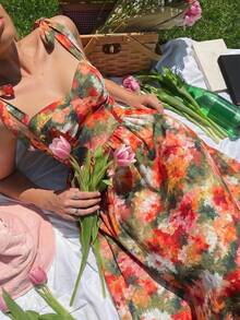 SHEIN MOD Abito midi da donna con stampa a pittura a olio, vita alta e orlo a ombrello - Multicolore - Visualizzare 2