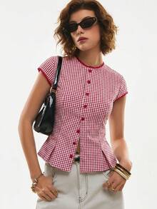 Poéselle Women's Casual Vintage Plaid Front Button Down Collared Shirt, Summer,Summer Top - Red and White - View 6