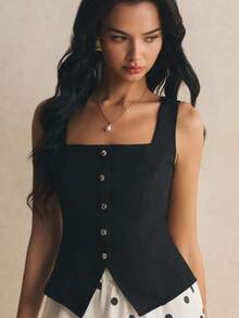 Poéselle 女款夏季優雅法式老錢風復古純色背心與黑白波點印花裙 2 件套 方領連身裙 約會日常穿搭 - 黑與白 - 查看 5