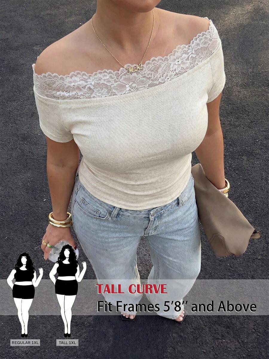 SHEIN Tall CURVE 大码女式纯色撞色蕾丝不对称肩短袖T恤 - 杏色 - 查看 1