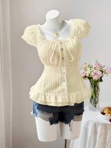 Sweetra Cute Pastoral Casual Puff Sleeve Waist-Cinched Button-Down Short Sleeve Summer Shirt - Apricot - View 6