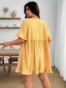 Enliva 大尺碼女款寬鬆A字休閒洋裝，蛋黃色洋裝，鈕扣洋裝，春夏女款黃色娃娃洋裝，女款夏季襯衫洋裝，V領女款夏季洋裝，黃色大尺碼黃色洋裝 - 黃色 - 查看 2