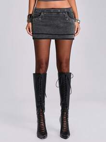 ACID BLVD Summer Vacation Y2K Hot Girl Metallic Eyelet Washed Bodycon Mini Skirt - Grey - View 7