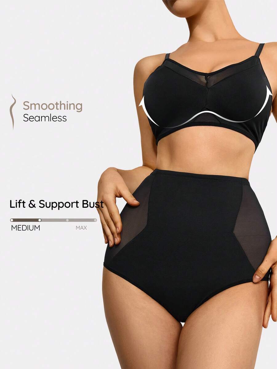 SHAPORA Mesh Insert High Waist Shapewear Set - Black - View 1
