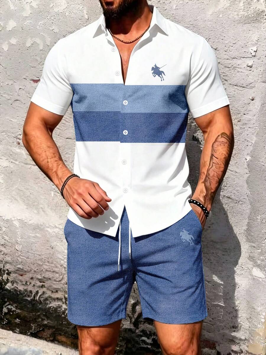 Manfinity Homme Men's Print 2-Piece Outfit, Color Block Short Sleeve Shirt & Drawstring Shorts Set, Ideal For Beach, Resort, Vacation & Daily Wear, For Men, Teens - Multicolor - View 1