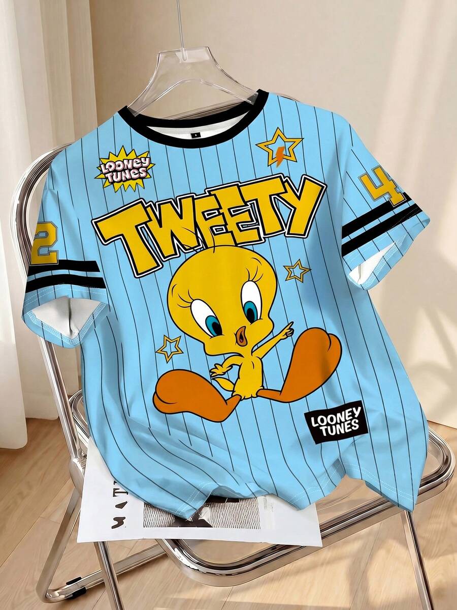 LOONEY TUNES X SHEIN 女士休闲时尚街头运动趣味可爱卡通字母数字条纹印花宽松T恤,夏季 - 白色 - 查看 1