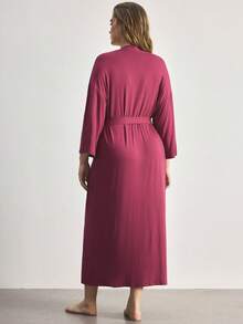 Ocili Comfortable Soft Minimalist Long Sleeve Plus Size Robe Lounge Mint Green Autumn - Red Violet - View 2