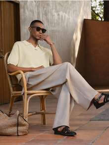 AKNOTIC Business Casual Men's Solid Color Polo Collar Short Sleeve Casual Versatile Knit Top - Light Yellow - View 4